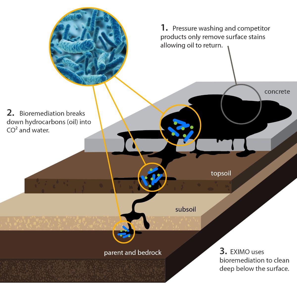 Diagram showing how EXIMO bioremediation reaches oil below the concrete surface